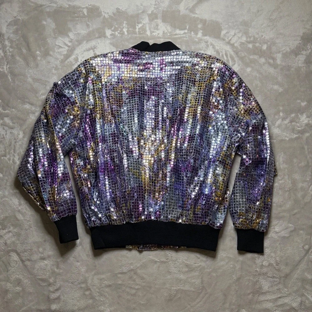 VTG 80s Golden River Sequin Bomber Jacket Womens S/M Iridescent Glam Disco Boxy